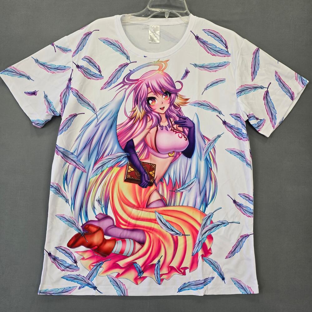 Anime Winged Woman White Blue Shirt NEW Stretch Graphic Short Sleeves Men Size L